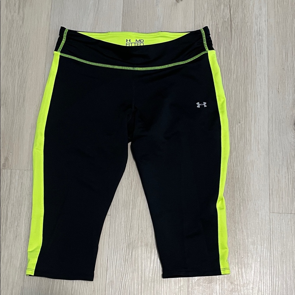 Under Armour Black Capri Leggings with Neon Yellow Side Panels